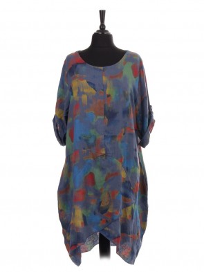 Italian Abstract Print Wrap Over Hem Linen Lagenlook Dress With Side Pockets