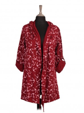 Italian Anchor Printed Drawstring Hem Hooded Jacket