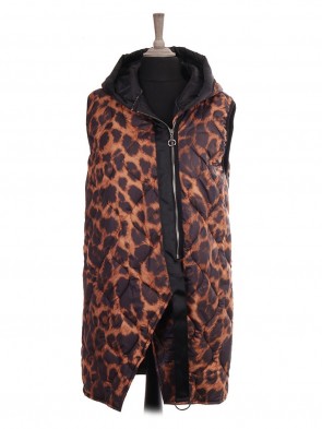 Italian Animal Print Padded Hooded Gilet With Side Zip Pockets