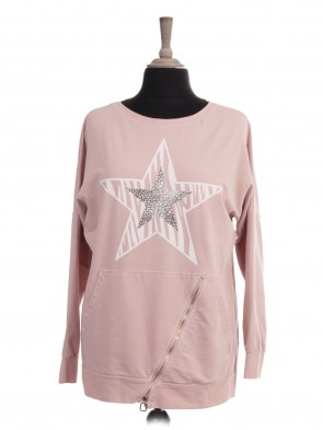 Italian Animal Print Star Sweat Top With Front Diagonal Pockets