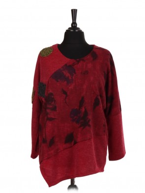 Italian Assymetric Hem Top With Floral Panel and Wool Patch