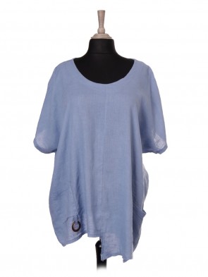 Italian Asymmetric Hem Front Pockets Detail Batwing Linen Top