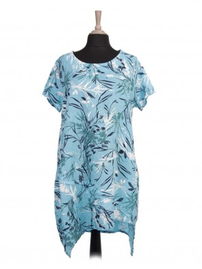 Italian Asymmetric Hem Printed Lagenlook Linen Dress