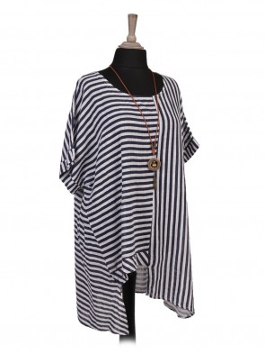 Italian Asymmetric Hem Stripy Print Top With Necklace