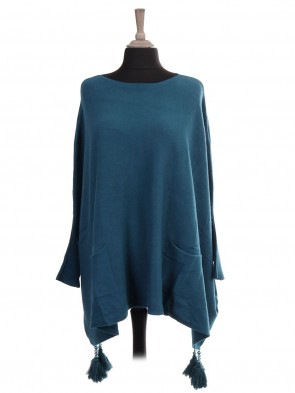 Italian Boat Neck Tassel Poncho With Front Pockets