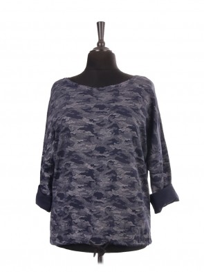 Italian Camouflage Print Gathered Hem Cotton Top