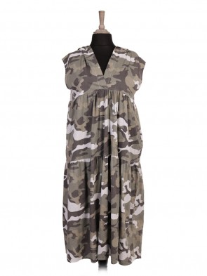 Italian Camouflage Print Hooded Tiered Dress