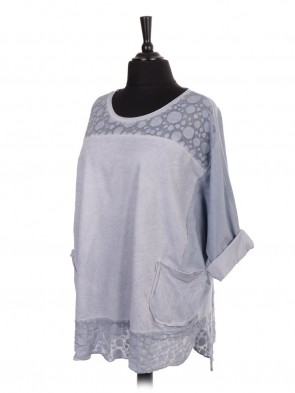 Italian Cold Dye Lace Panel Batwing Top With Front Pockets