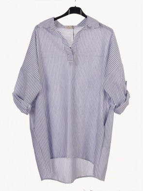 Italian Collard Notch Neck Stripe Cotton Top With Side Pockets