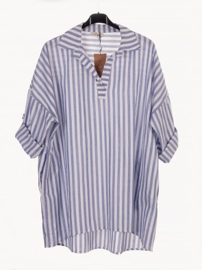Italian Collard Notch Neck Wide Stripy Top With Side Pockets