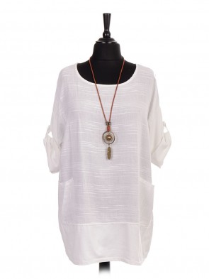 Italian Cotton Top With Front Pockets And Necklace