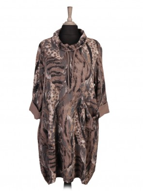 Italian Cowl Neck Feather Printed Lagenlook Dress