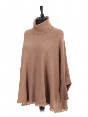 Italian Cowl Neck Fringe Edge Batwing Poncho