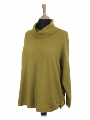 Italian Cowl Neck Knitted Batwing Jumper With Side Button Panel