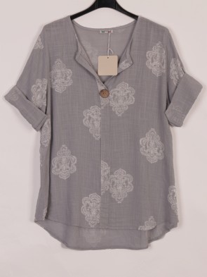 Italian Damask Print Notch Neck Cotton Top