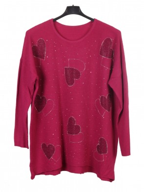 Italian Diamante Heart Detail Ribbed Knitted Jumper