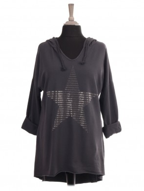 Italian Diamante Star Hooded Dip Hem Top