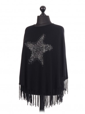 Italian Diamante Star Pattern Poncho With Frilled Hem