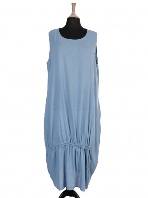 Italian Drawstring Ruched Hem Linen Dress