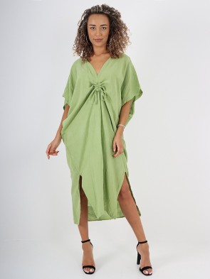 Italian Drawstring Side Split Linen Dress