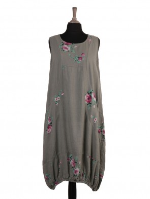 Italian Elasticated Hem Floral Linen Lagenlook Dress