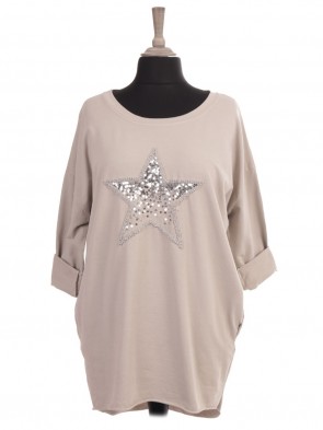 Italian Embroidered and Sequin Star Dip Hem Top With Side Pockets