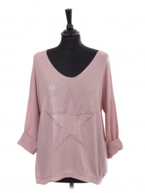 Italian Embroidered Star Shimmery Dip Hem Top