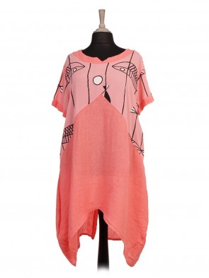 Italian Fish Print Linen Lagenlook Dress With Back Button Panel