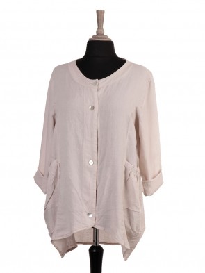 Italian Front Button Panel Linen Dip Hem Top