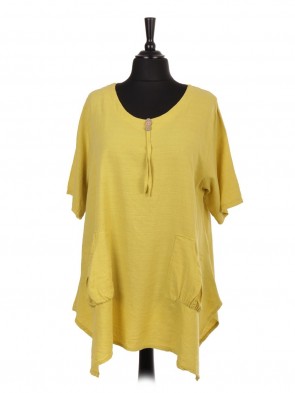 Italian Front Pockets Tunic Top With Button Detail