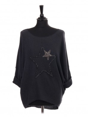 Italian Glittery Embroidered Star Dip Hem Batwing Top