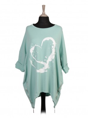 Italian Heart Print Dip Hem Top With Side Zip Detail