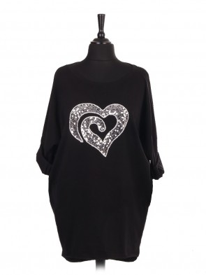 Italian Heart Sequin Dip Hem Batwing Top With Side Pockets