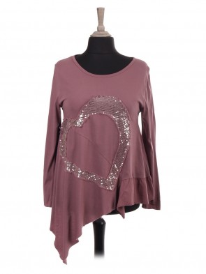 Italian Heart Sequin Patch Asymmetrical Hem Top