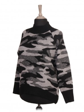 Italian Camouflage Lana Wool Dip Hem Knitted Jumper