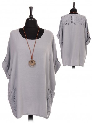 Italian Lace Pockets And Back Neckline Top With Necklace