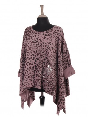 Italian Leopard Print Batwing Tunic Top With Front Sequin Pocket