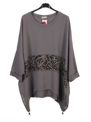 Italian Leopard Print Panel Tunic Top With Side Zip Detail