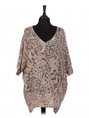 Italian Linen Animal Print Batwing Top With Front Pocket