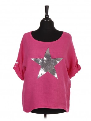 Italian Linen Sequin Star Dip Hem Top