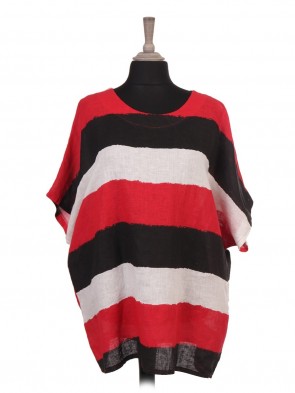 Italian Plus Size Colour Block Print Batwing Linen Top