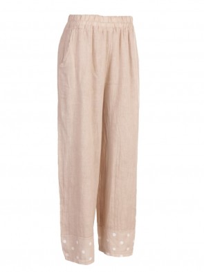 Italian Printed Hem Linen Palazzo Pants With Side Pockets