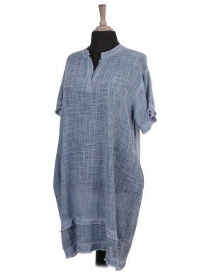 Italian Cold Dye Raw Edge Short Sleeve Dress With Side Pockets