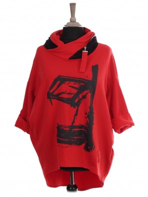 Italian Red Label Zip Hooded Abstract Print Dip Hem Sweat Top