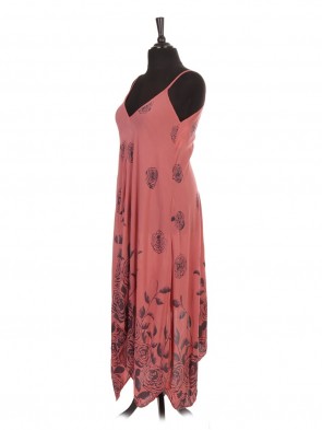 Italian Rose Flower Print Strappy Handkerchief Hem Dress