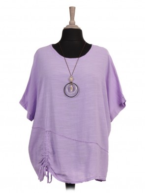 Italian Ruched Hem Batwing Top With Necklace