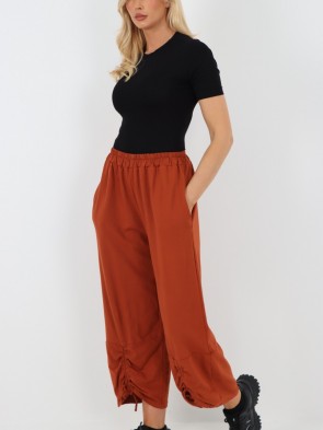Italian Ruched Hem Cotton Trousers With Side Pockets