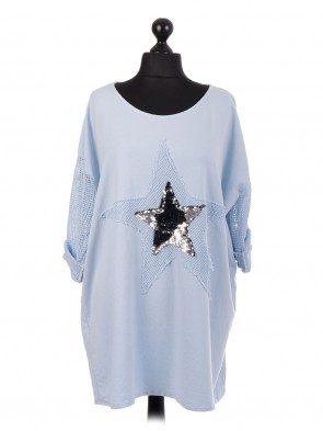 Italian Sequin Star Cotton Top With Fish Net Sleeves