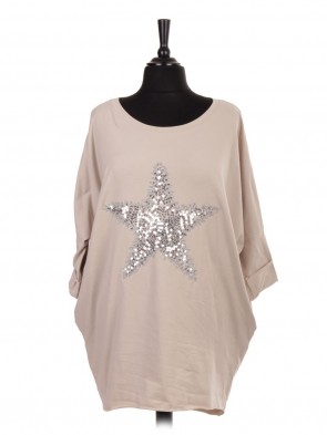Italian Sequin Star Dip Hem Batwing Top With Side Pockets