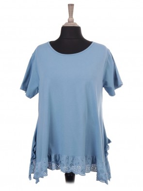 Italian Short Sleeve Lace Hem Top Tunic With Side Split